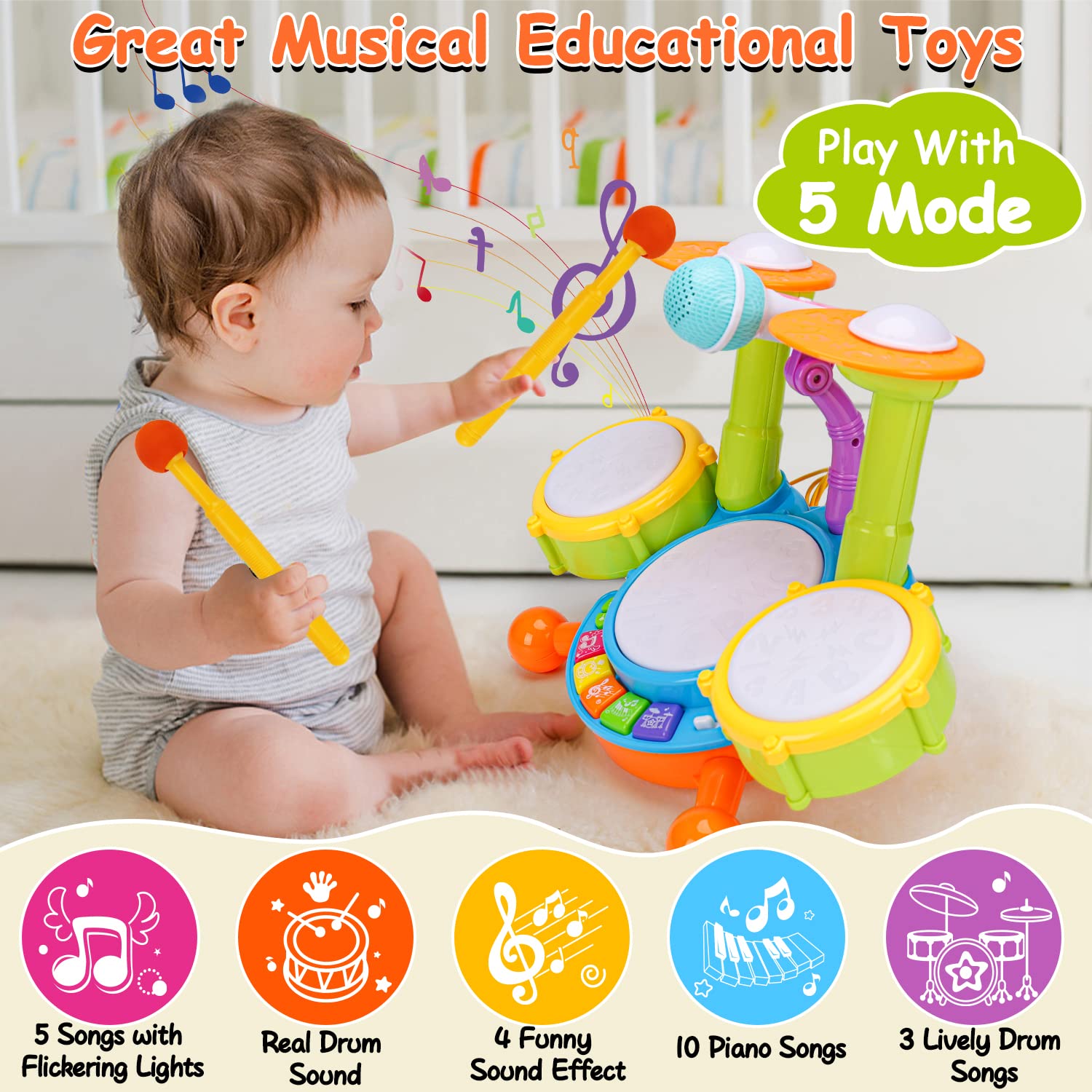 Drum Set for Toddlers with 2 Drum Sticks and Microphone