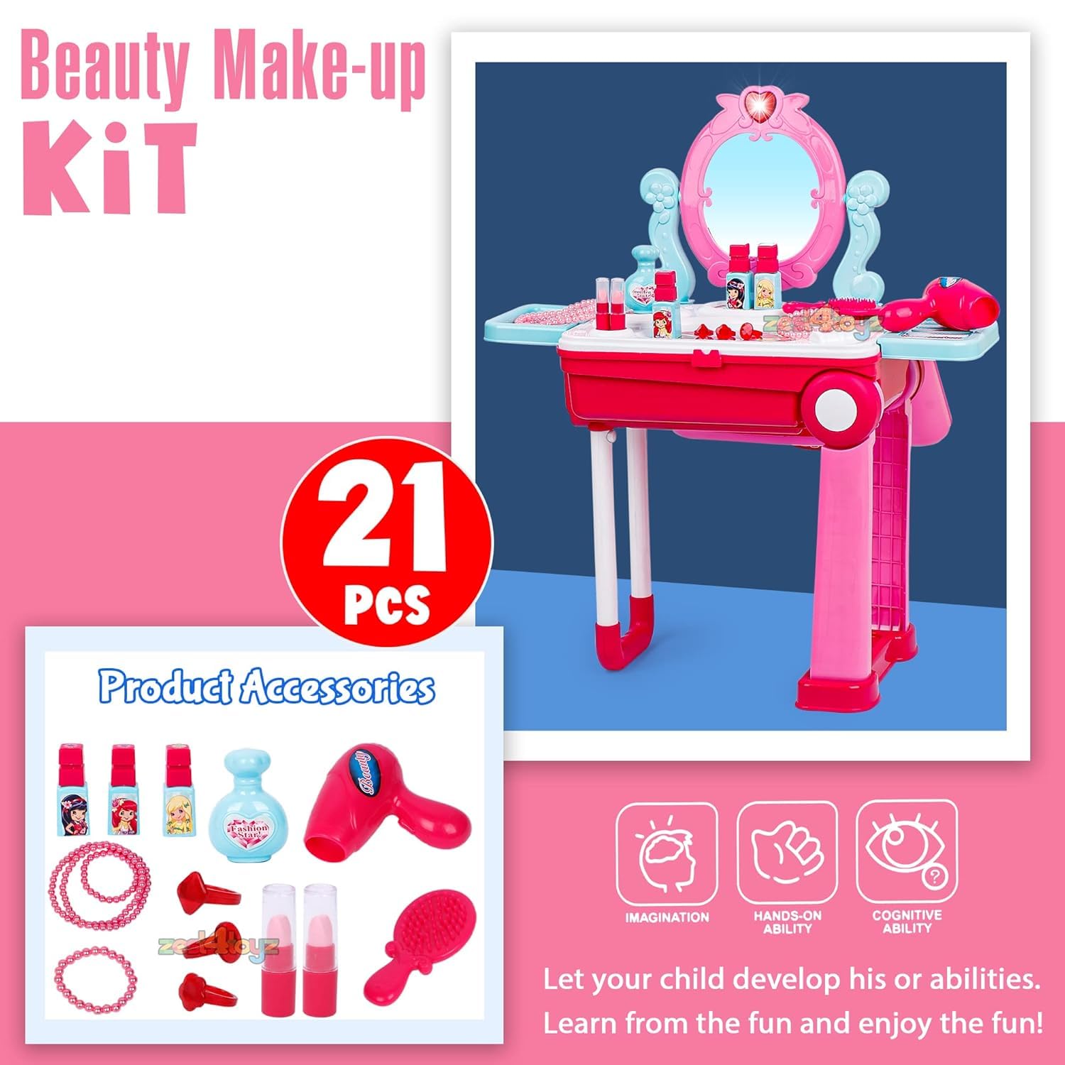 3 in 1 Beauty Makeup Plastic Pretend Play Set with Suitcase