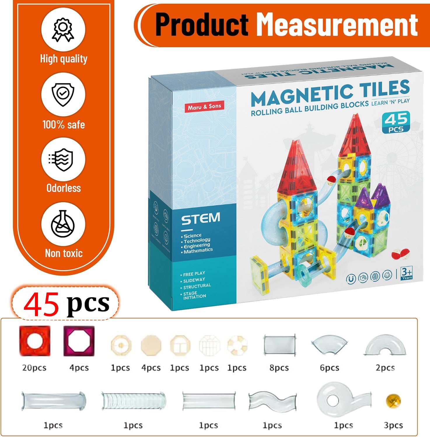 Magnetic Marble Run ball building blocks (45 pcs)