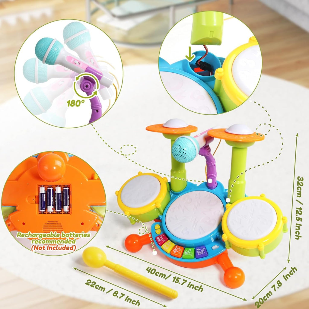 Drum Set for Toddlers with 2 Drum Sticks and Microphone