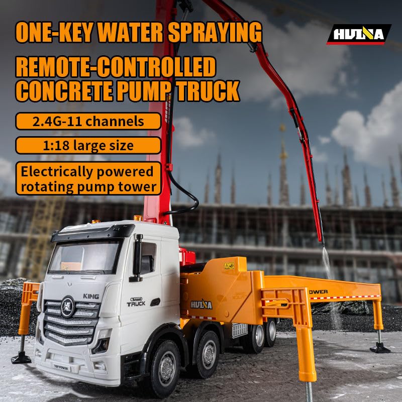 Huina 1381 1:18 11CH RC Concrete Pump Truck with 120cm Pump Arm Realistic Water Spray and Rotating Platform Construction RC Toys (1381)