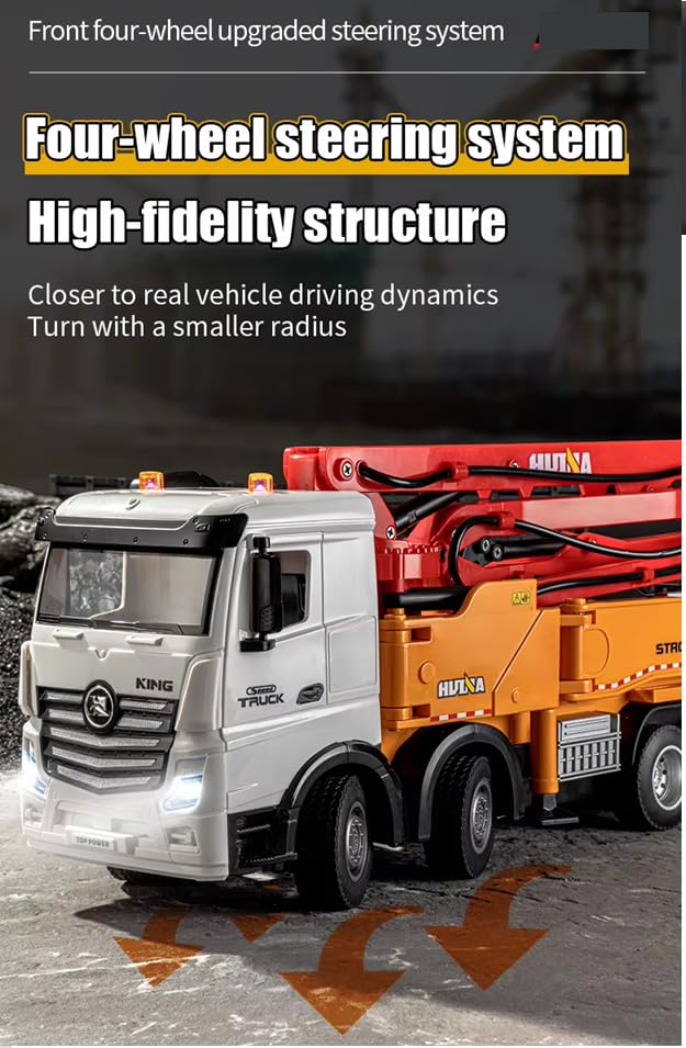 Huina 1381 1:18 11CH RC Concrete Pump Truck with 120cm Pump Arm Realistic Water Spray and Rotating Platform Construction RC Toys (1381)