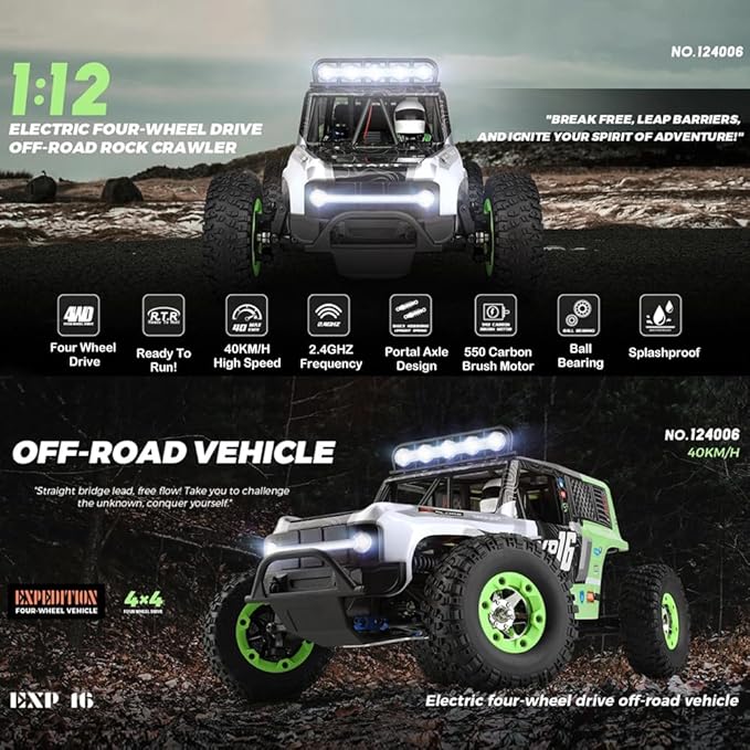 WLtoys 124006 RC Car, 1:12 Scale Remote Control Car, 4WD 40KM/H High Speed RC Truck, 2.4GHz Off-Road RC Crawler RTR with LED Lig