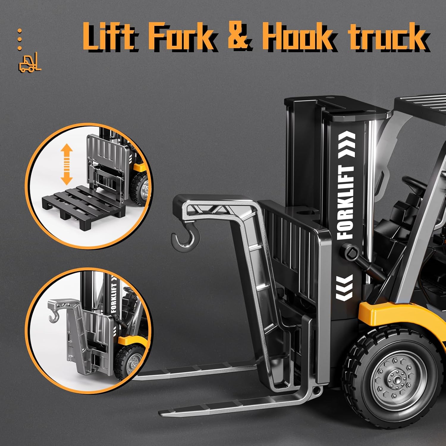 1:64 Scale Mini RC forklift| Alloy Bucket | 270° Rotation | App Control | Lights & Sound