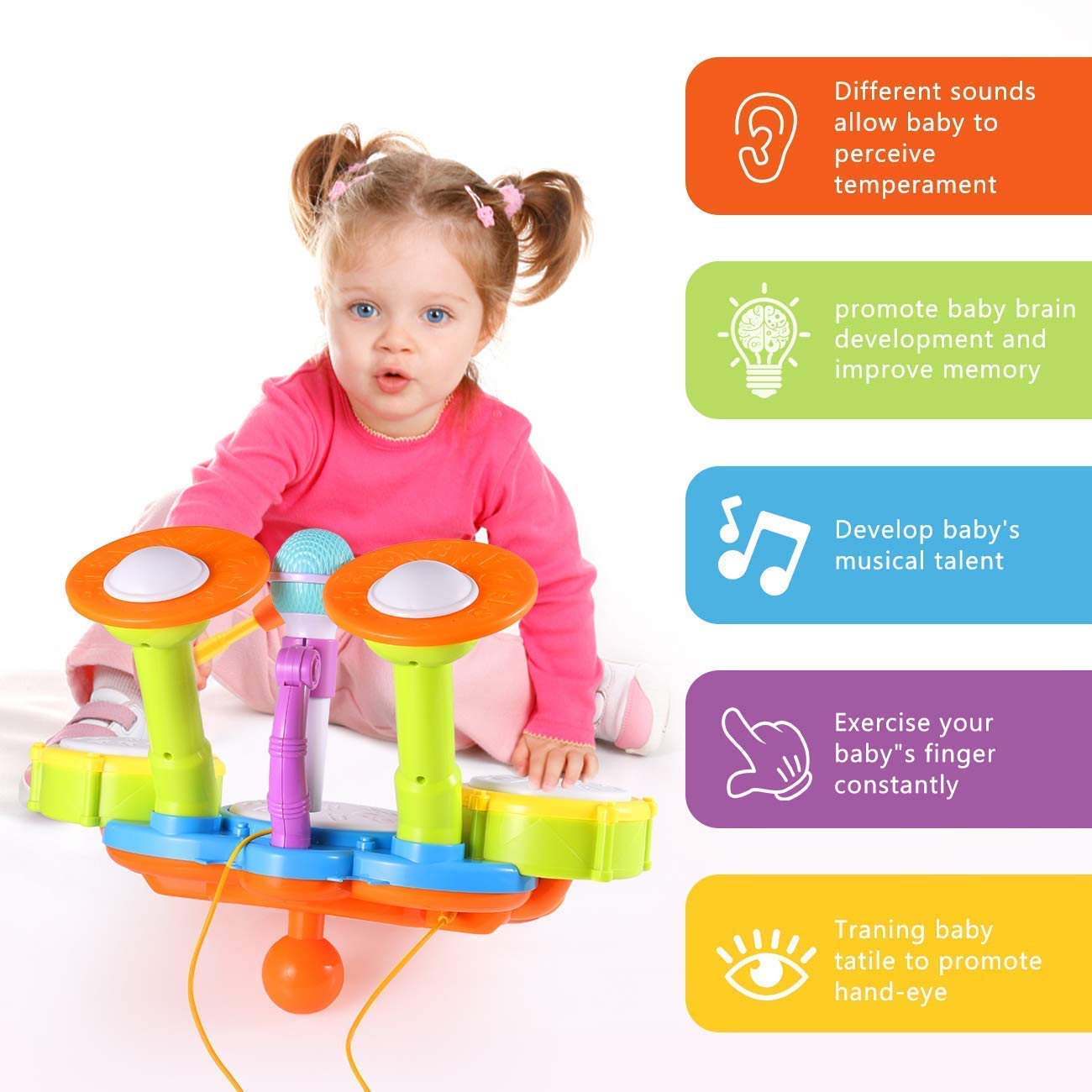 Drum Set for Toddlers with 2 Drum Sticks and Microphone