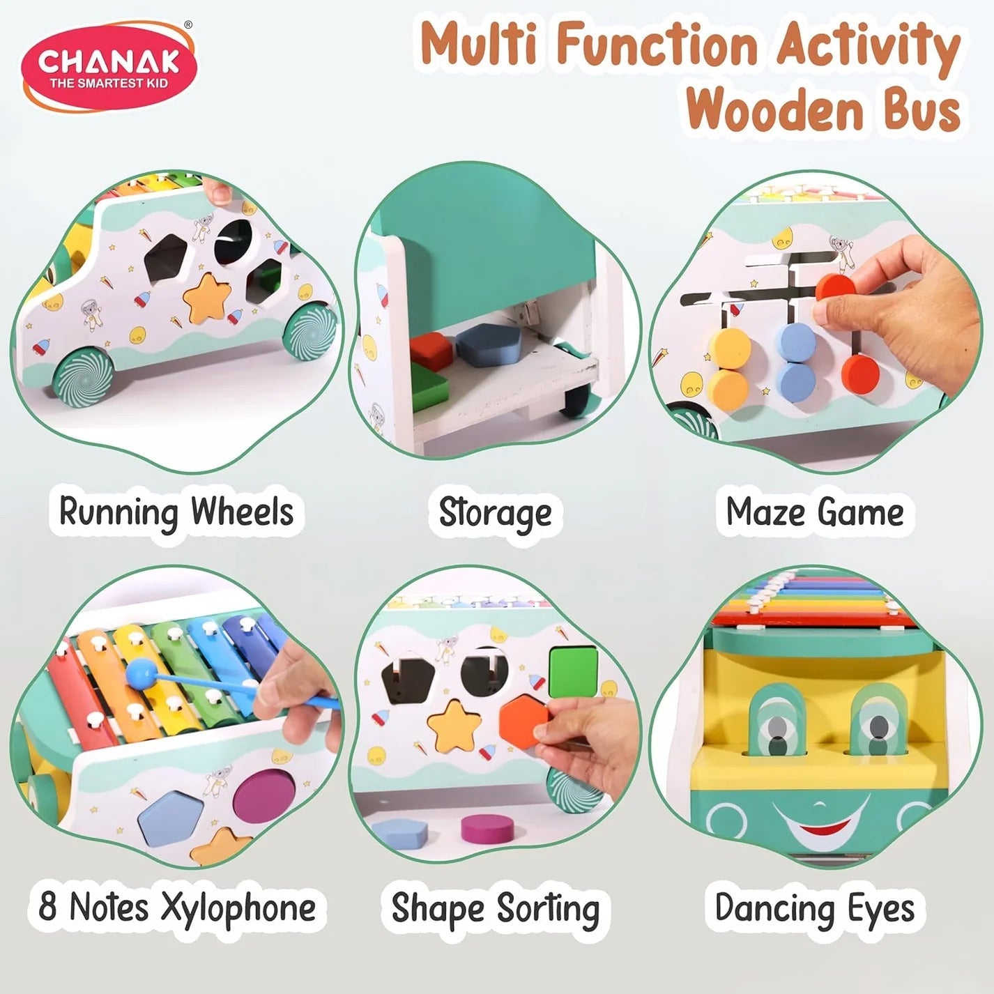 Wooden Activity Bus 6-in-1 Montessori Toys