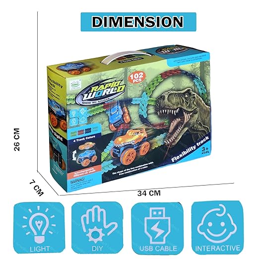 Racing Track Set Toy - Flexible and Bendable Twist Toy Set with Racing Car, B/O DIY Rapid Racing Track with Car Toys and Games for Boys, Girls, Kids (102 Pcs) - Multicolor