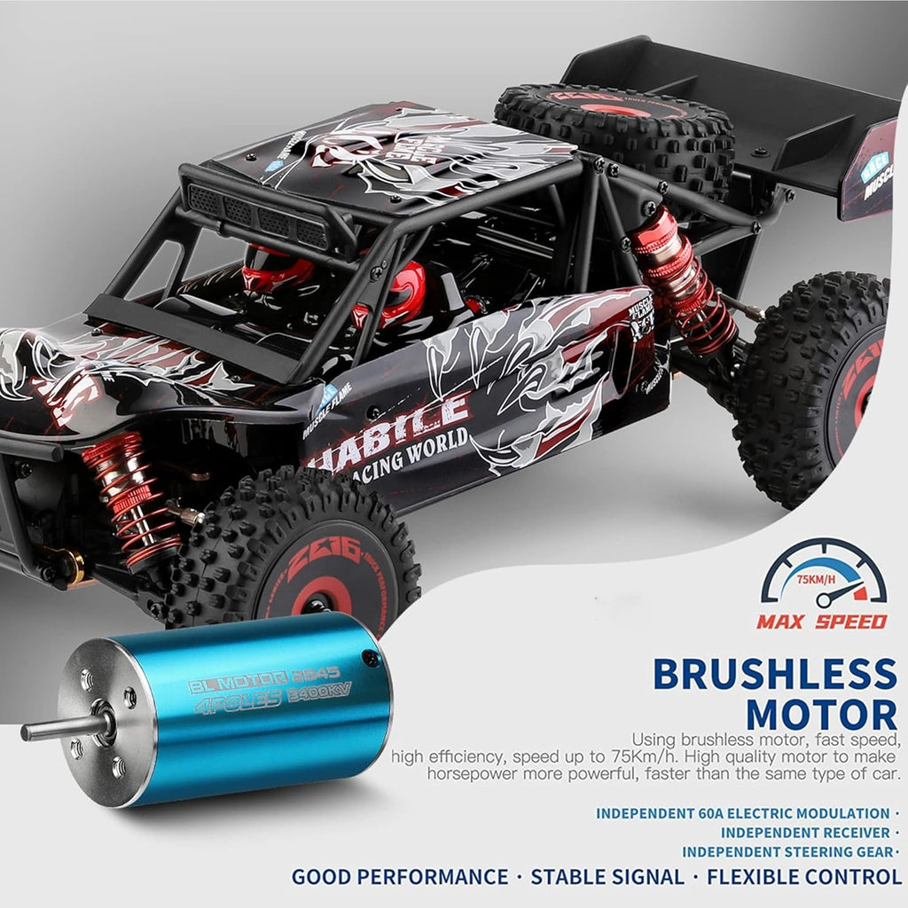 WLtoys 124016 RC Car, 1:12 Scale Remote Control Car, 4WD 75km/h High Speed Racing Car, 2.4GHz All Terrain Off Road RC Truck RTR with Brushless Motor and Metal Chassis for Kids Adults (Black)