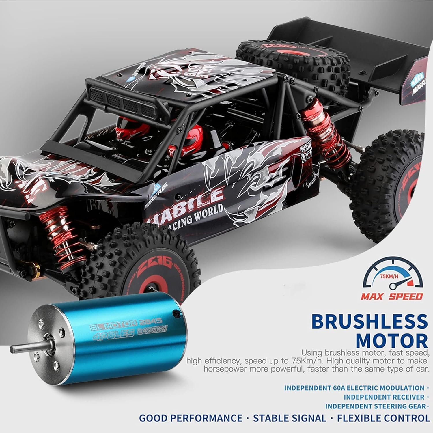 WLtoys 124016 RC Car, 1:12 Scale Remote Control Car, 4WD 75km/h High Speed Racing Car, 2.4GHz All Terrain Off Road RC Truck RTR with Brushless Motor and Metal Chassis for Kids Adults (Black)