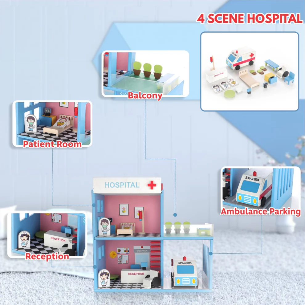 Chanak Wooden Hospital Set for Kids (18 Pieces)