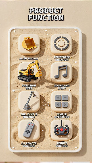 1:64 Scale Mini RC Excavator | Alloy Bucket | 270° Rotation | App Control | Lights & Sound